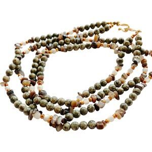 VTG Gemstone Necklace 23.5" Jasper Agate Beaded Gold Tone Hook Clasp